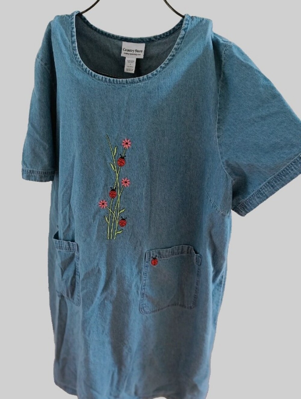 Vintage Country Store Denim Dress Short Sleeve Lady Bugs Embroidered Pockets 3XL - Picture 9 of 11